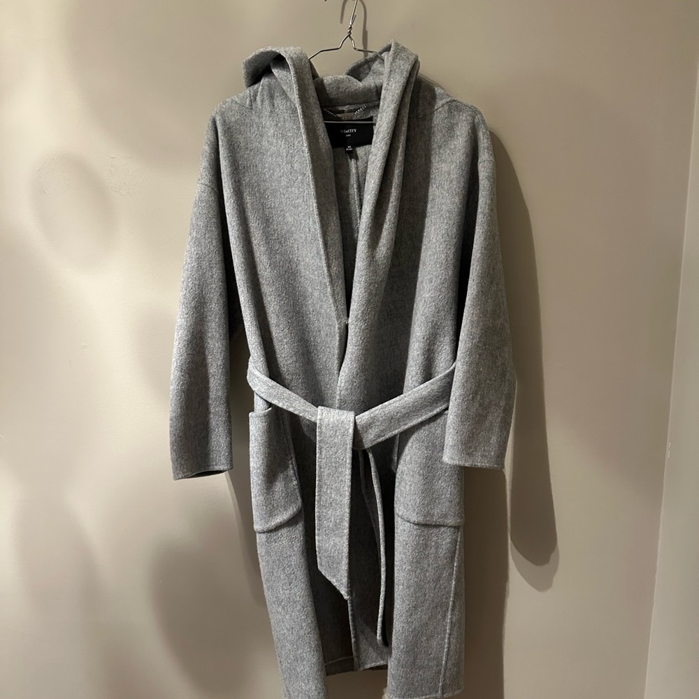 Gray Hooded Belted Wool Coat